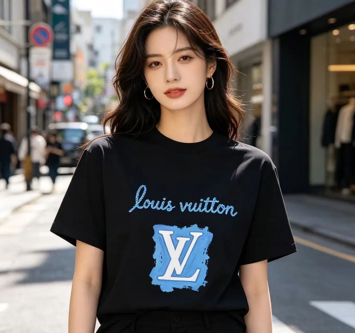 Louis Vuitton/Louis Vuitton blue graffiti LV printed short sleeves